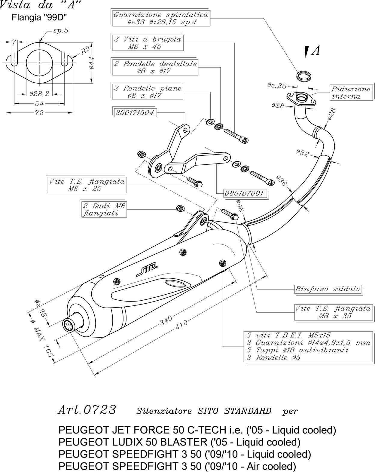 Complete Catalytic Exhaust System With Sound Certification Sito Stainless Steel - Leovince Compatible With Peugeot Jet Force C-Tech 50 Liquid (2005)