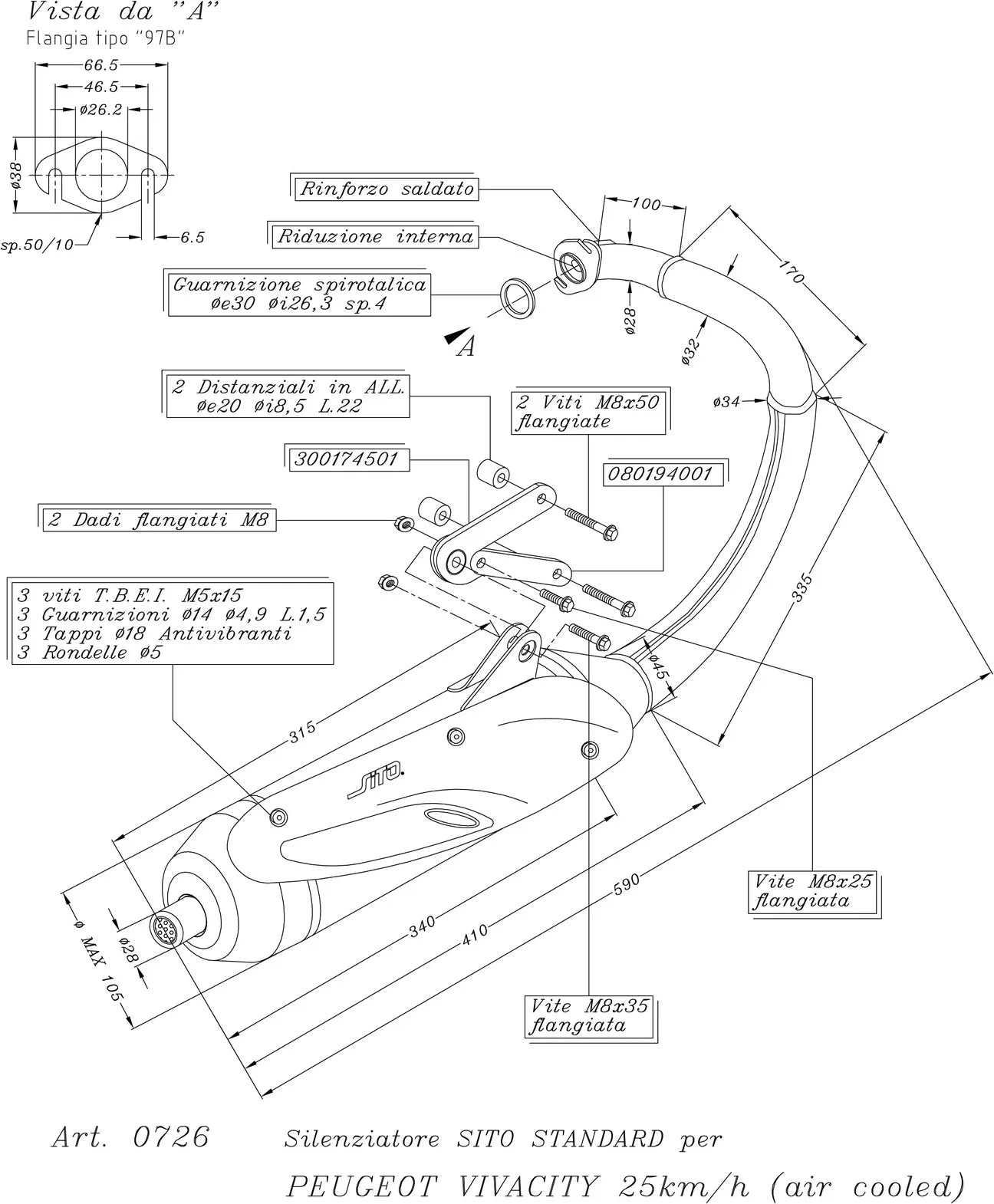 Impianto Di Scarico Completo Catalizzato E Con Omologazione Suono Sito Acciaio - Leovince Compatibile Con Peugeot Vivacity 50 Air