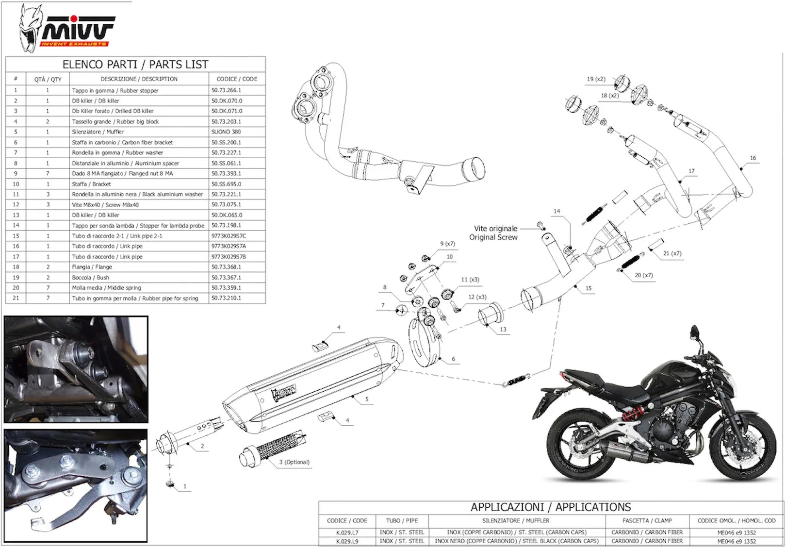 Impianto Di Scarico Completo Catalizzato E Con Omologazione Suono Suono Inox Carbonio - Mivv Compatibile Con Kawasaki Er-6 F (2012-2016)