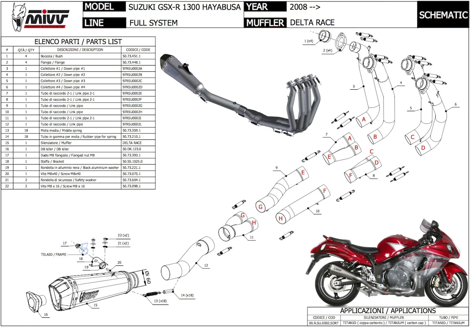 Impianto Di Scarico Completo Non Catalizzato E Senza Omologazione Suono Delta Race Full Titanio Carbonio - Mivv Compatibile Con Suzuki Gsx-R 1300 Hayabusa (2008-2017)