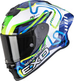 Full-Face Motorcycle Helmet Scorpion Exo Exo-R1 Evo Ii Air Ultra Tct White Blue Green Cornering Size M