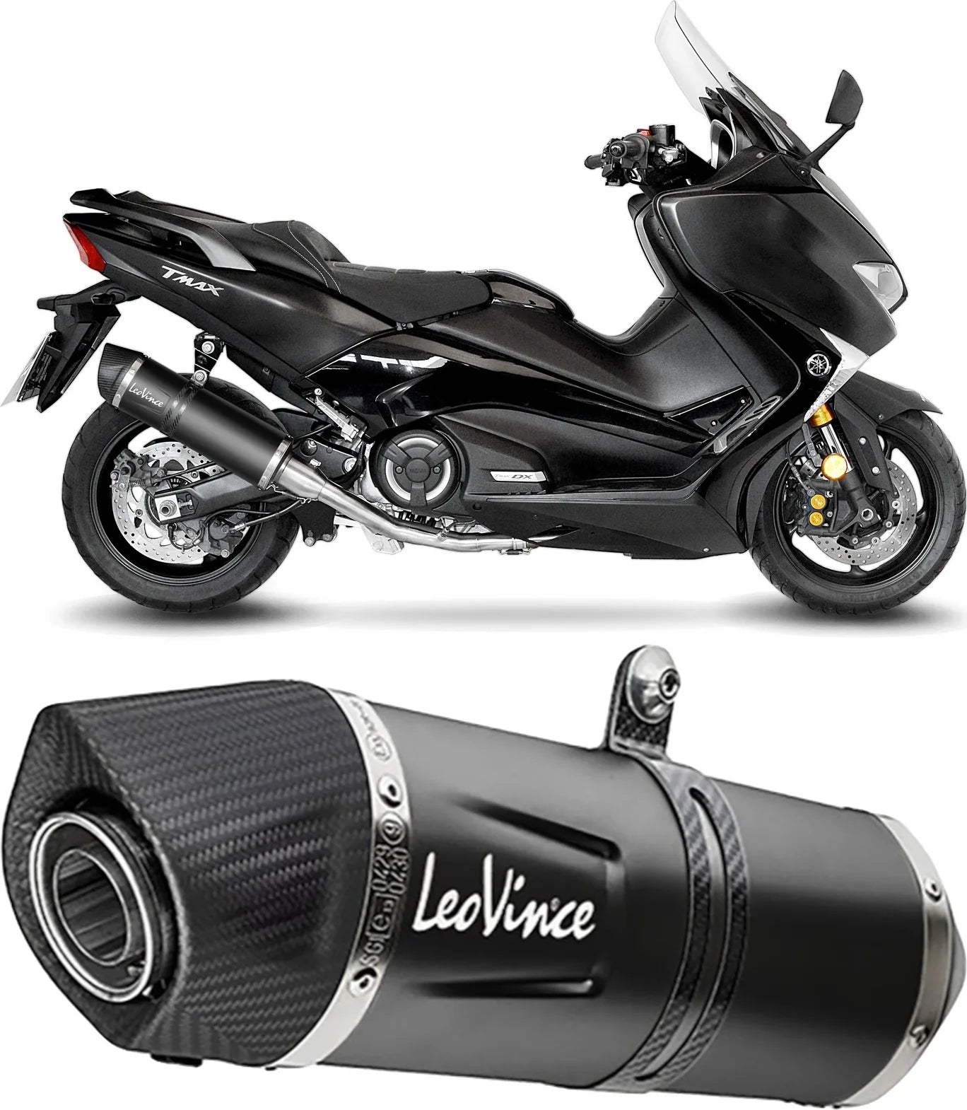 Impianto Di Scarico Completo Non Catalizzato E Senza Omologazione Suono Lv One Evo Acciaio Nero Fondello Carbonio - Leovince Compatibile Con Yamaha Yp 530 T-Max Abs Dx (2017-2019)