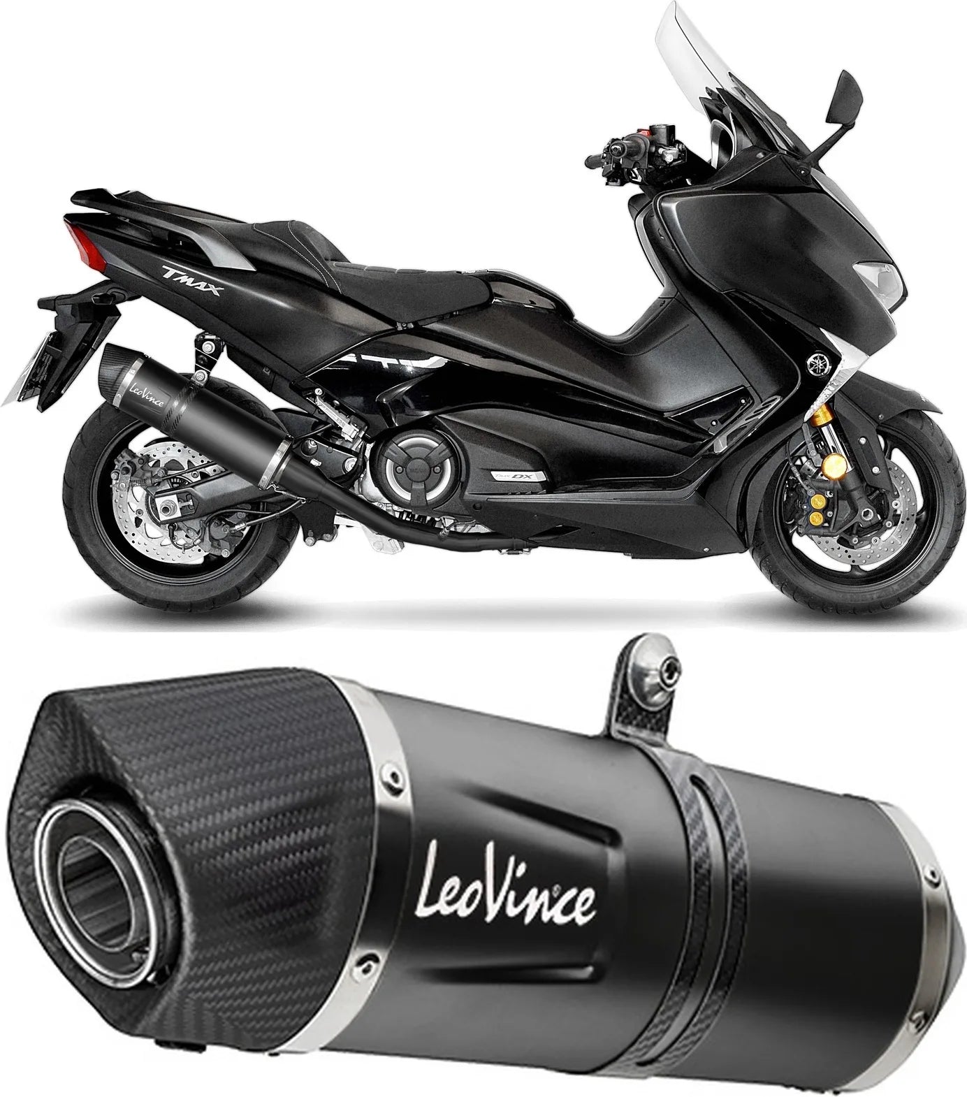 Impianto Di Scarico Completo Non Catalizzato E Senza Omologazione Suono Lv One Evo Acciaio Full Nero Fondello Carbonio - Leovince Compatibile Con Yamaha Yp 530 T-Max Abs Sx (2017-2019)