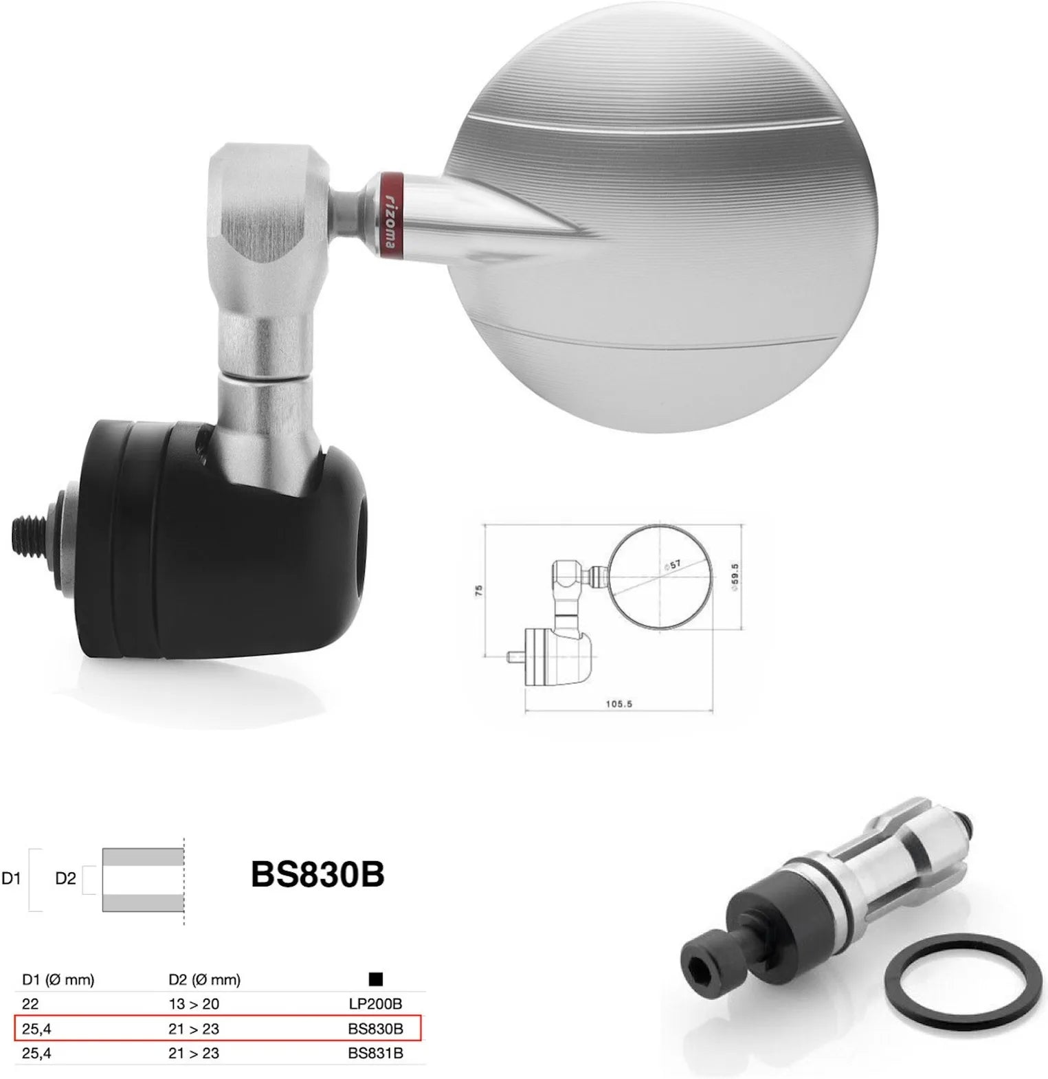 Specchietto End Mount Destro Universale Dø 24,5(21>23) Spy-R Ø57 - Rizoma Compatibile Con Ktm