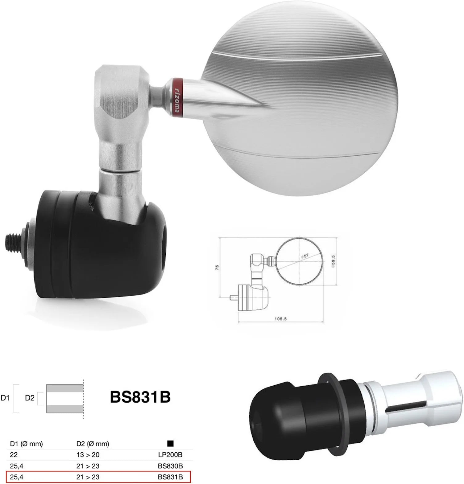 Specchietto End Mount Destro Universale Dø 24,5(21>23) Spy-R Ø57 - Rizoma Compatibile Con Ktm