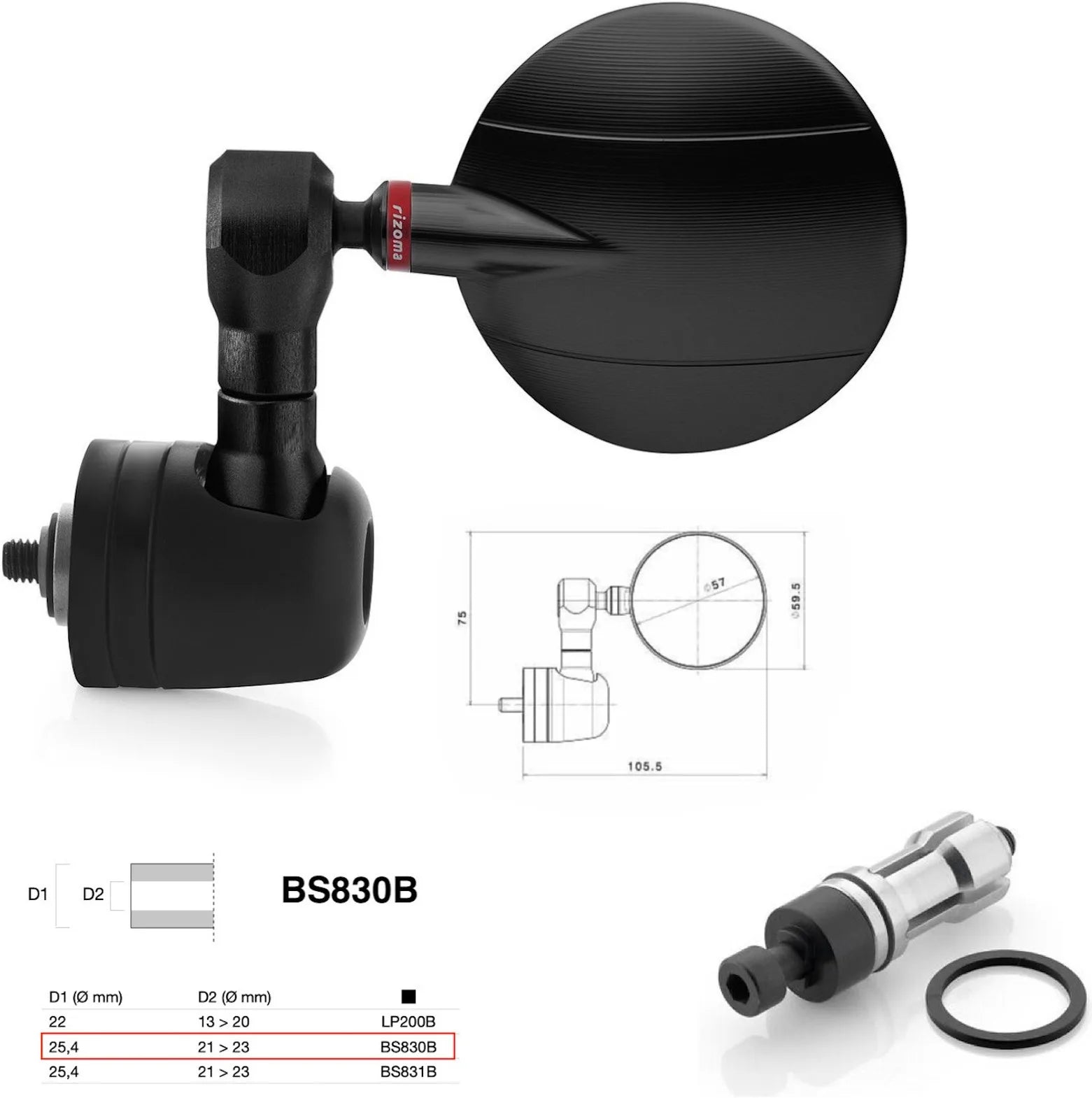 Specchietto End Mount Sinistro Universale Dø 24,5(21>23) Spy-R Ø57 - Rizoma Compatibile Con Ktm