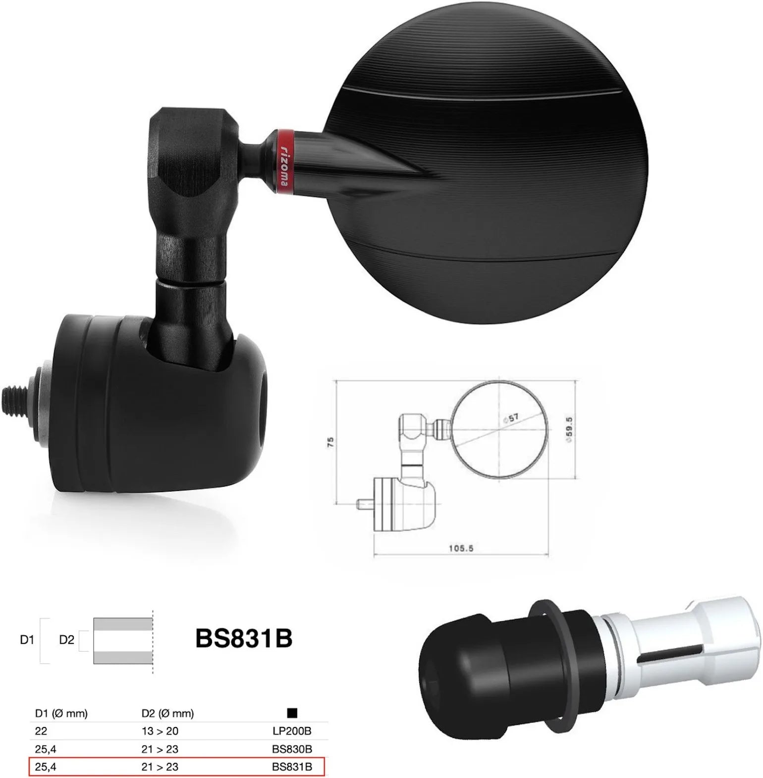 Specchietto End Mount Sinistro Universale Dø 24,5(21>23) Spy-R Ø57 - Rizoma Compatibile Con Ktm