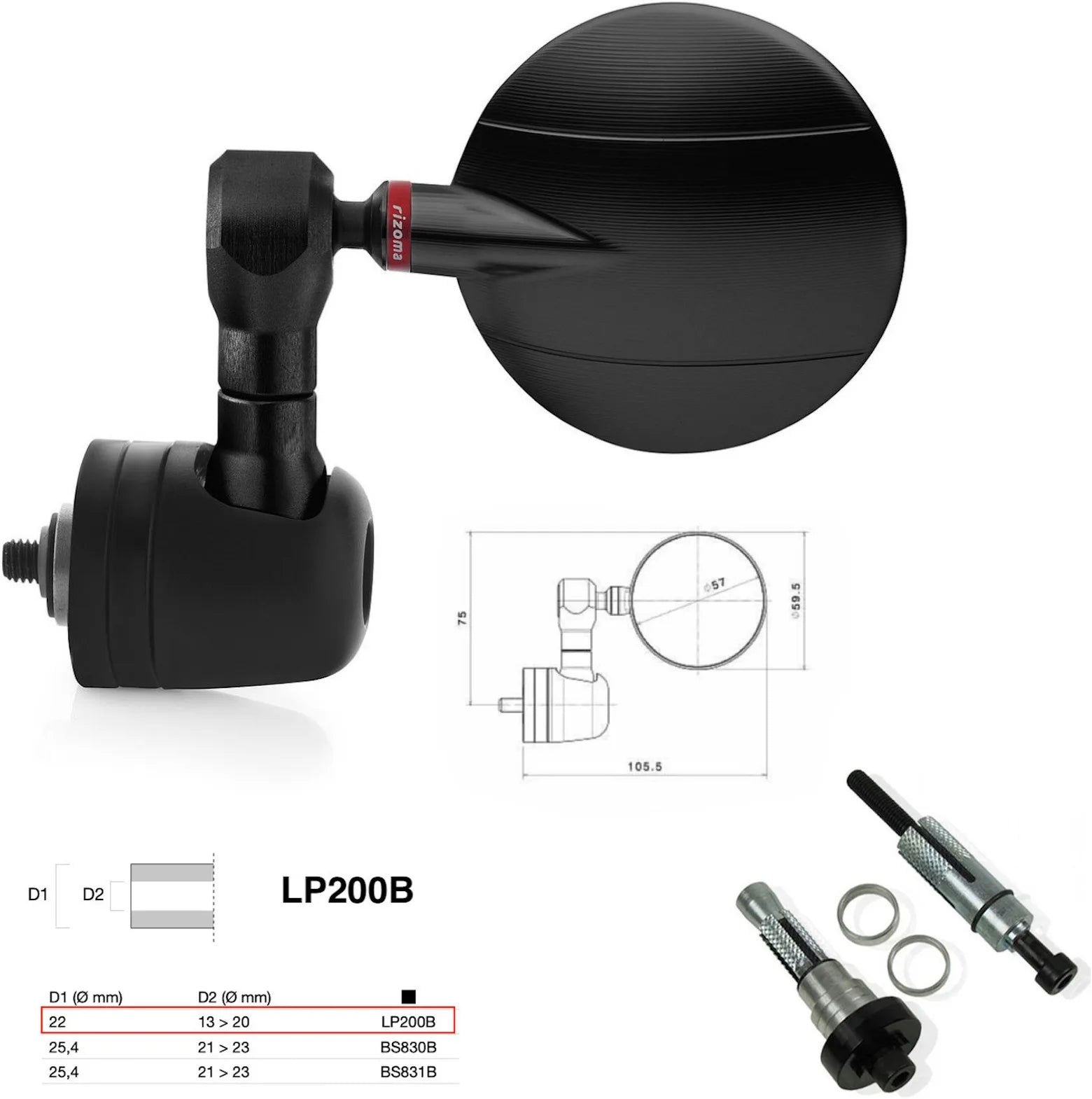 Specchietto End Mount Sinistro Universale Dø 22(13>20) Spy-R Ø57 - Rizoma Compatibile Con Benelli