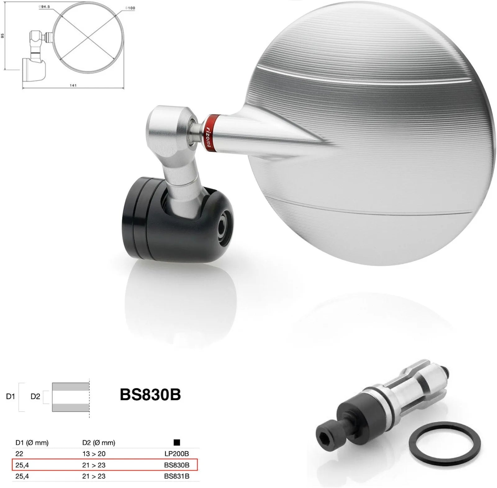 Specchietto End Mount Destro Universale Dø 24,5(21>23) Spy-R Ø94.5 - Rizoma Compatibile Con Benelli