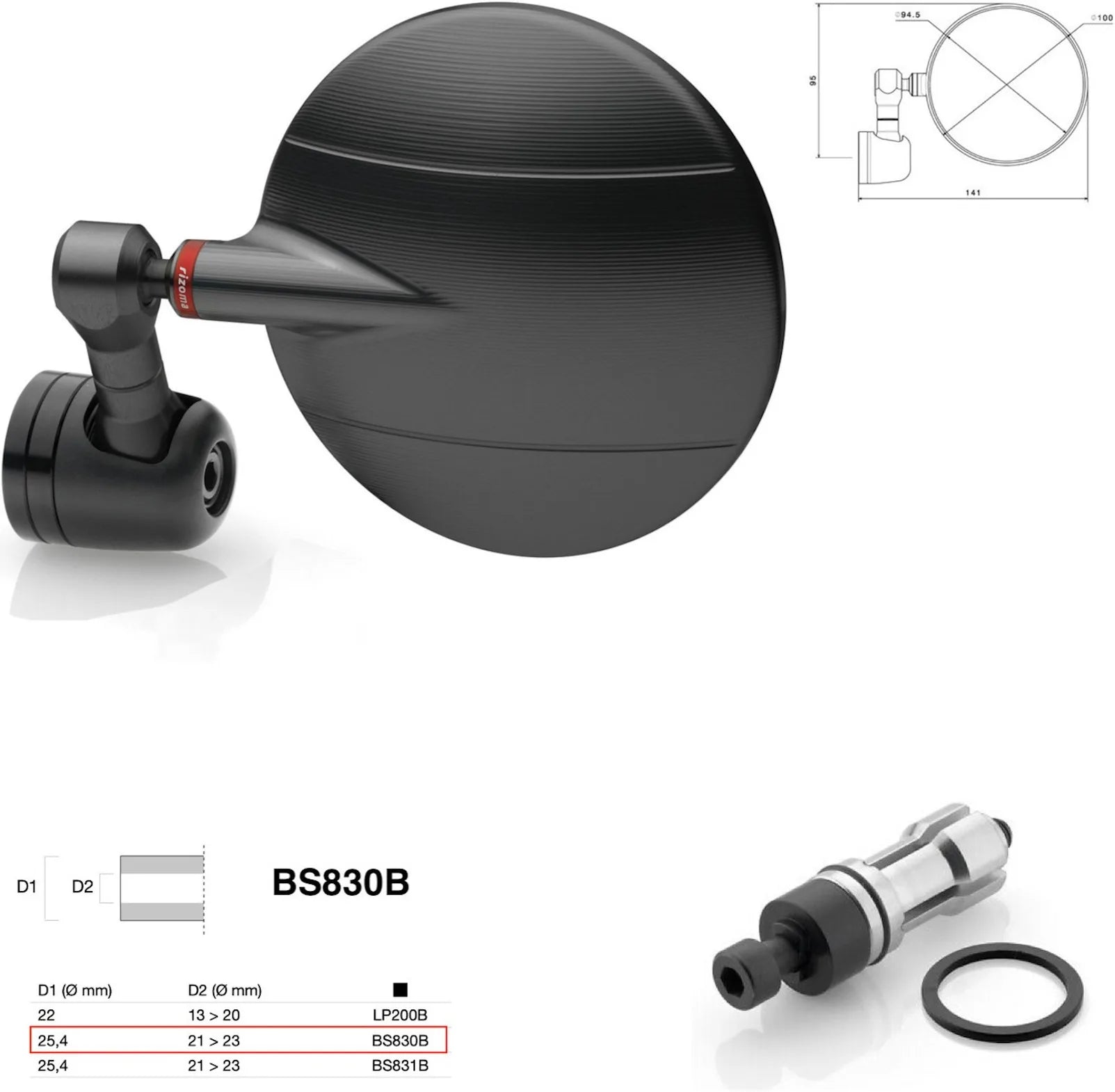 Specchietto End Mount Sinistro Universale Dø 24,5(21>23) Spy-R Ø94.5 - Rizoma Compatibile Con Ktm