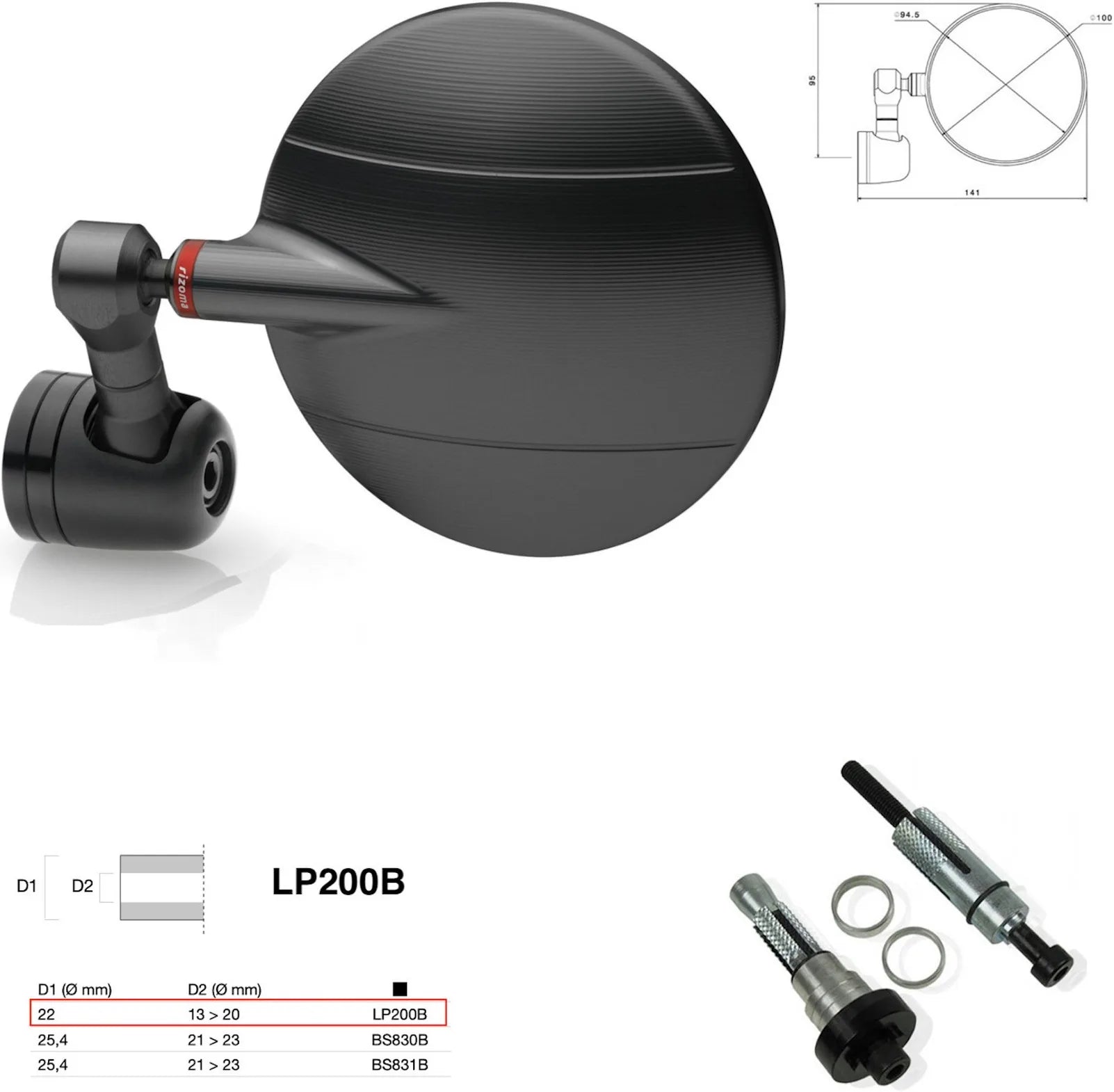 Specchietto End Mount Sinistro Universale Dø 22(13>20) Spy-R Ø94.5 - Rizoma Compatibile Con Mv Agusta
