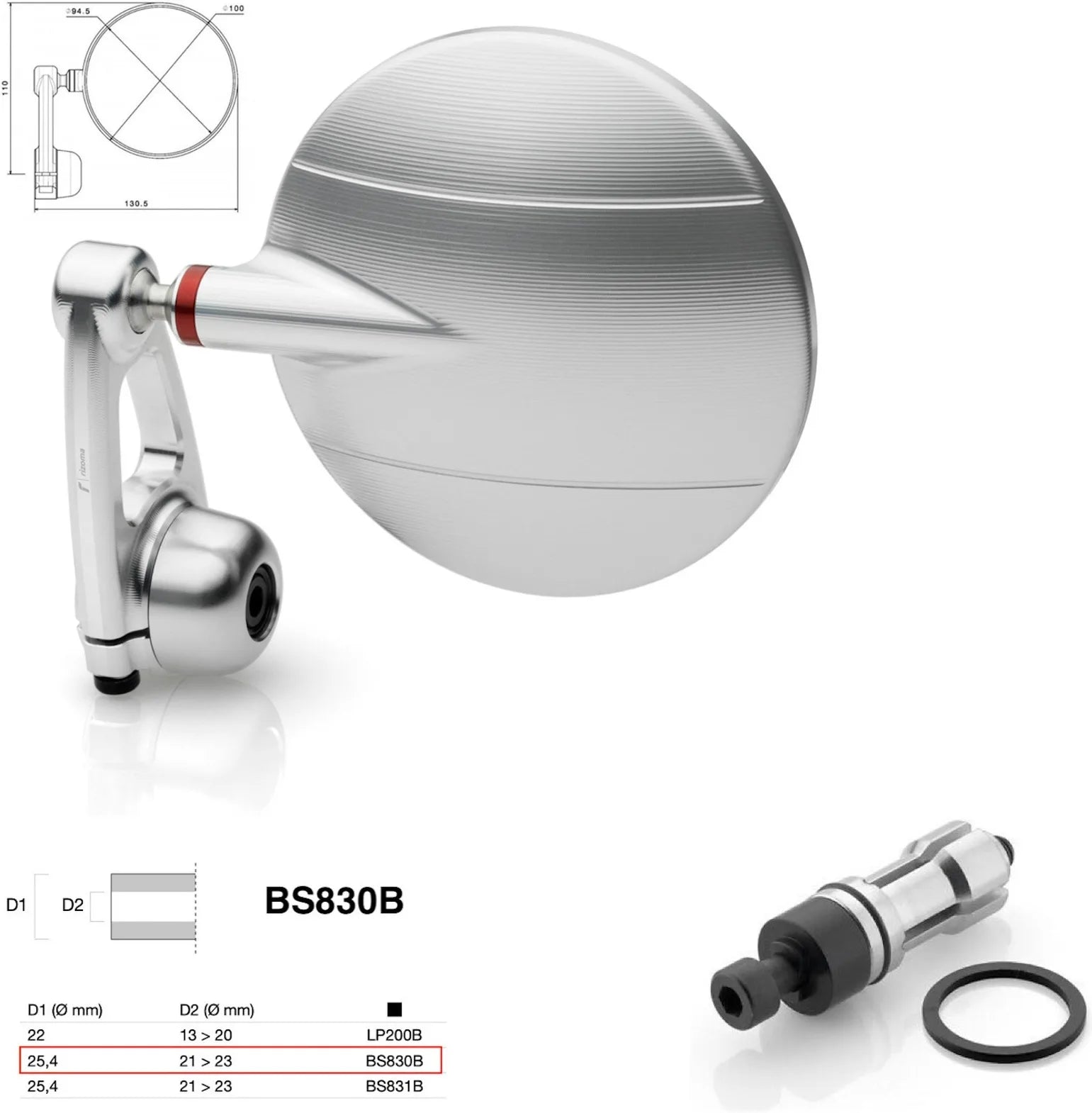Specchietto End Mount Destro Universale Dø 24,5(21>23) Spy-Arm Ø94.5 - Rizoma Compatibile Con Kawasaki