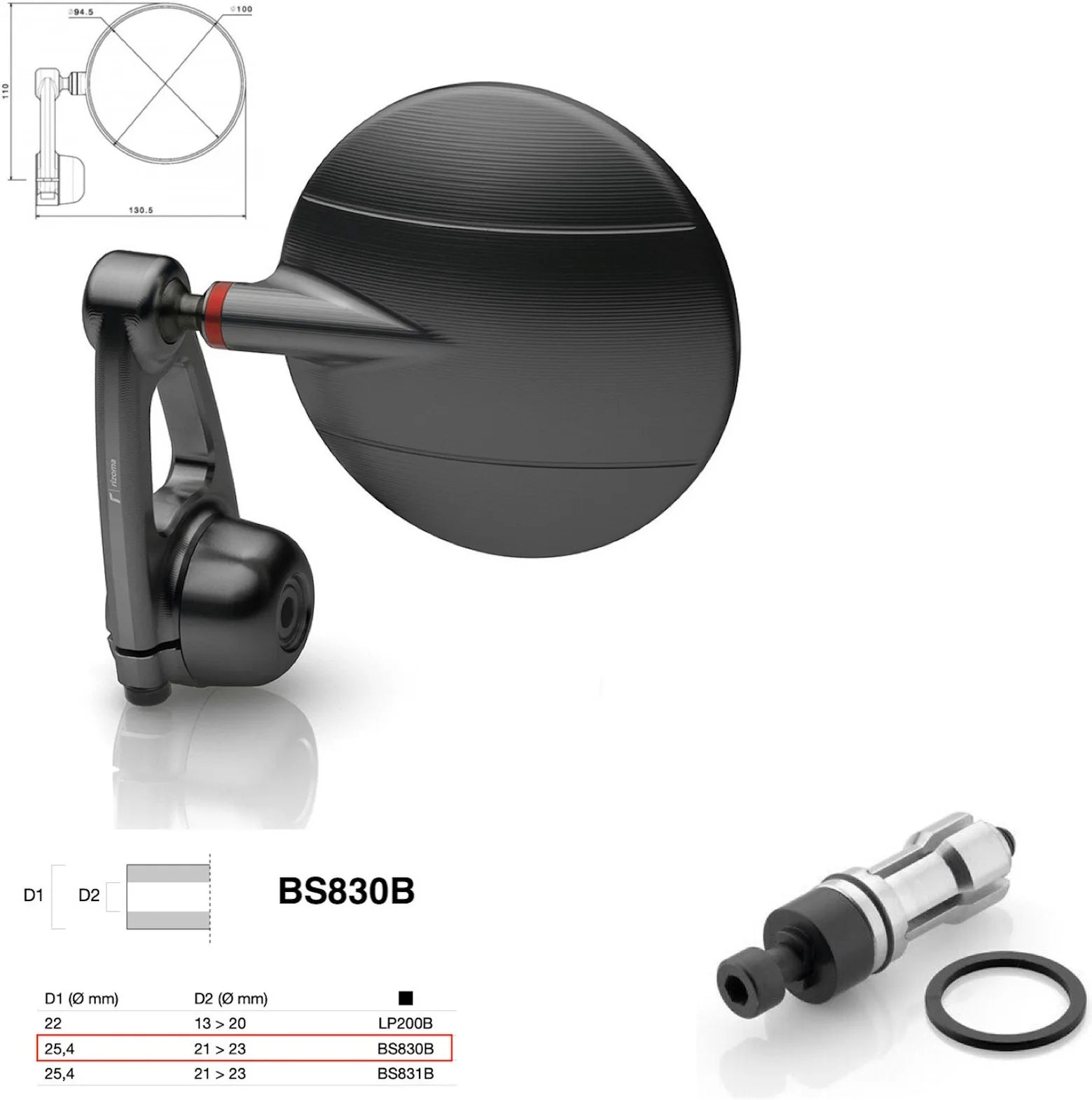 Specchietto End Mount Sinistro Universale Dø 24,5(21>23) Spy-Arm Ø94.5 - Rizoma Compatibile Con Ktm