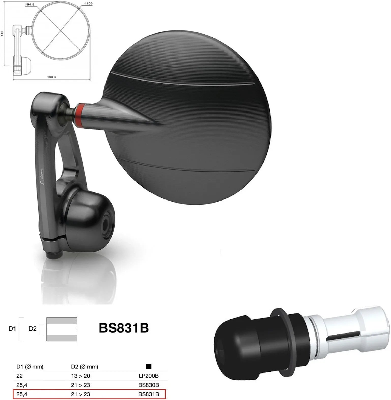 Specchietto End Mount Sinistro Universale Dø 24,5(21>23) Spy-Arm Ø94.5 - Rizoma Compatibile Con Ktm