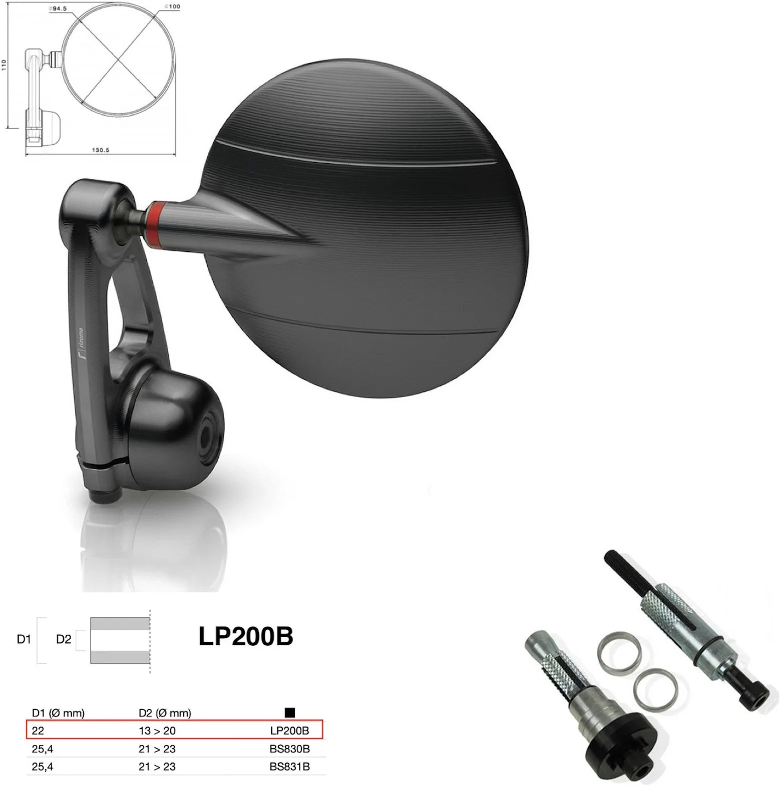 Specchietto End Mount Sinistro Universale Dø 22(13>20) Spy-Arm Ø94.5 - Rizoma Compatibile Con Kawasaki