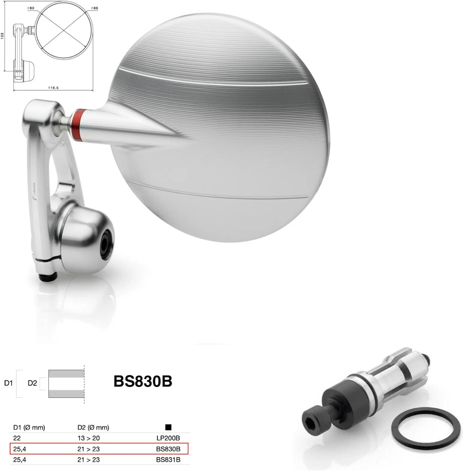 Specchietto End Mount Destro Universale Dø 24,5(21>23) Spy-Arm Ø80 - Rizoma Compatibile Con Ktm