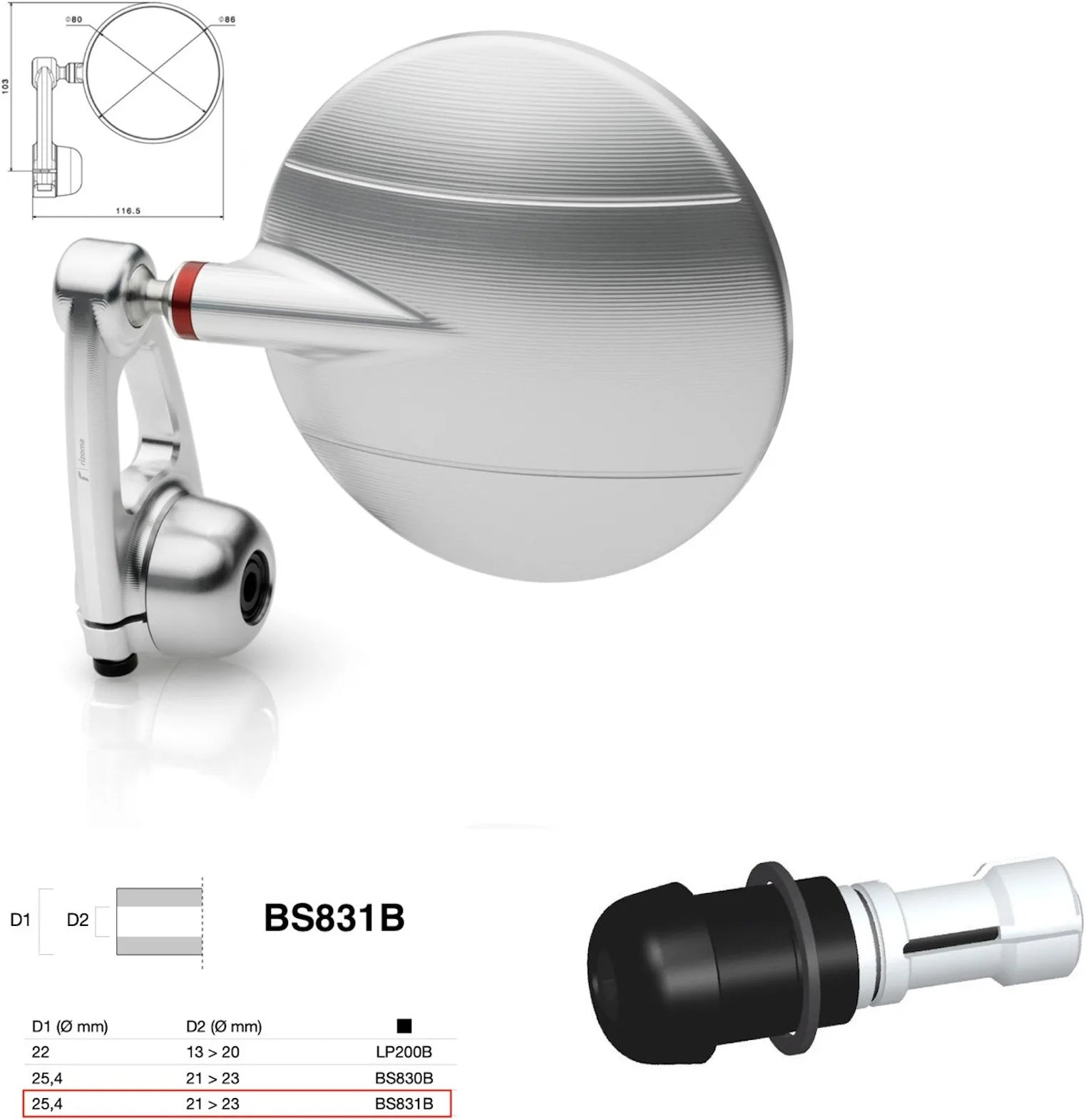 Specchietto End Mount Sinistro Universale Dø 24,5(21>23) Spy-Arm Ø80 - Rizoma Compatibile Con Ktm