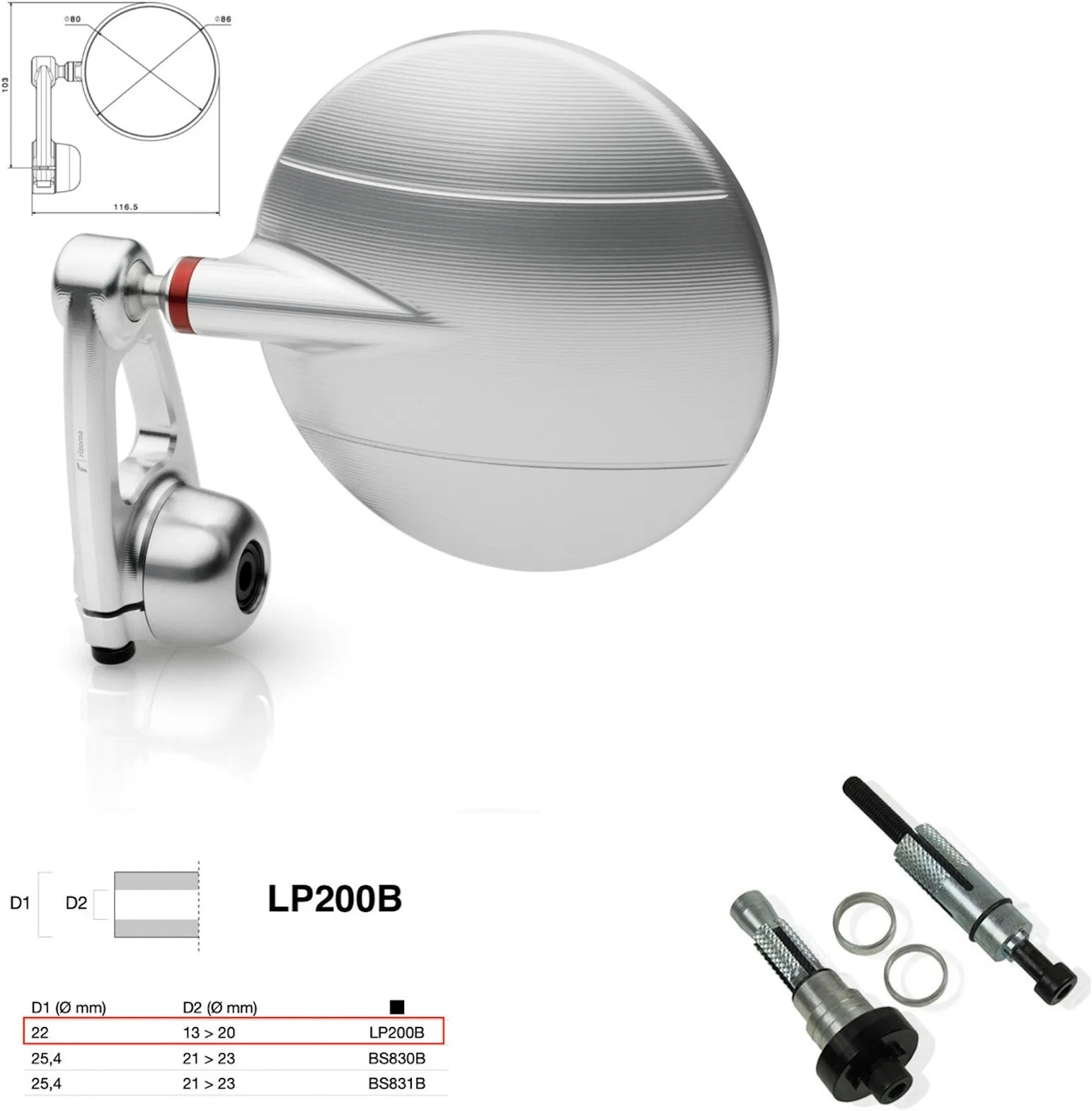Specchietto End Mount Destro Universale Dø 22(13>20) Spy-Arm Ø80 - Rizoma Compatibile Con Kawasaki