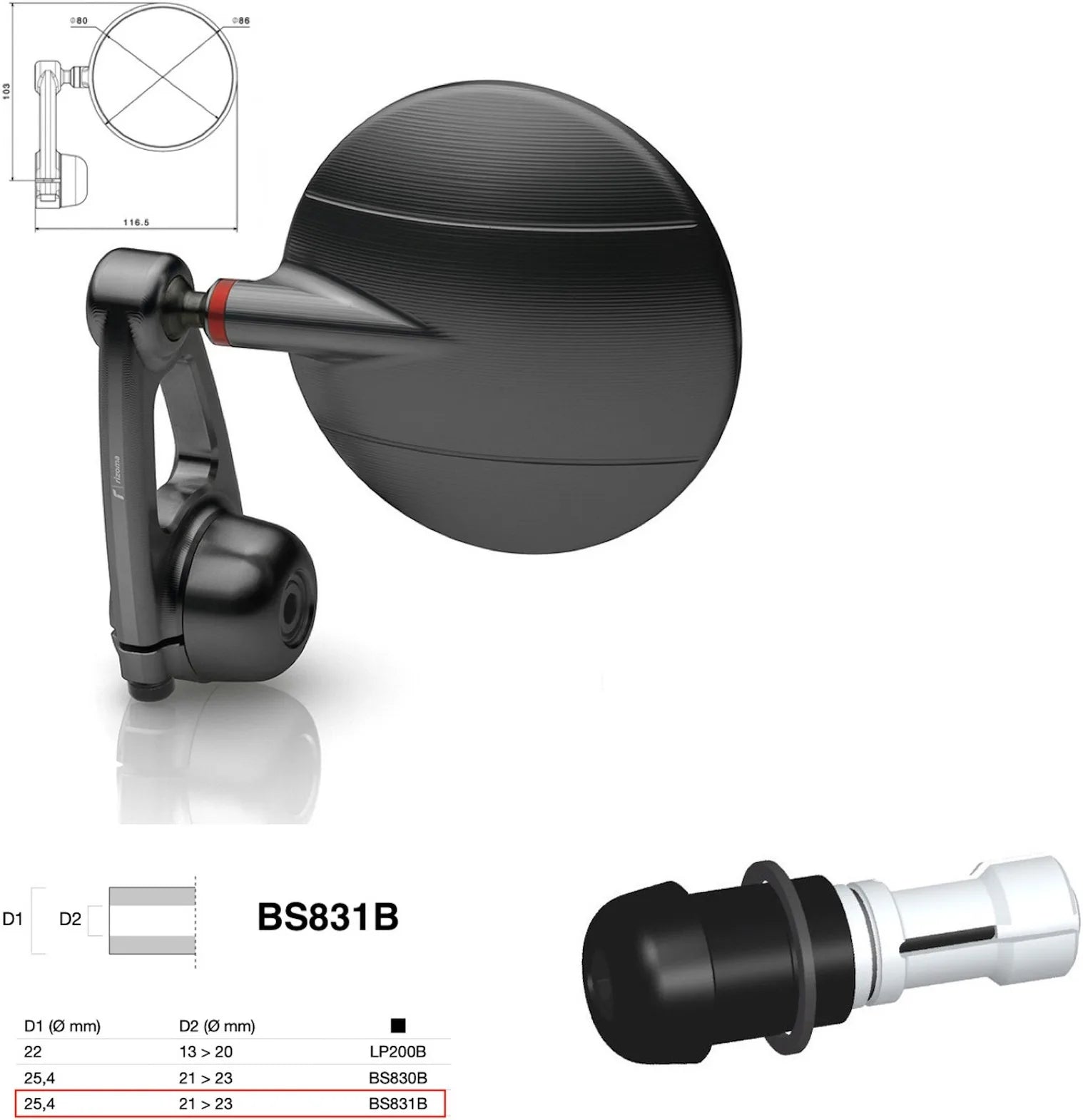 Specchietto End Mount Destro Universale Dø 24,5(21>23) Spy-Arm Ø80 - Rizoma Compatibile Con Ktm