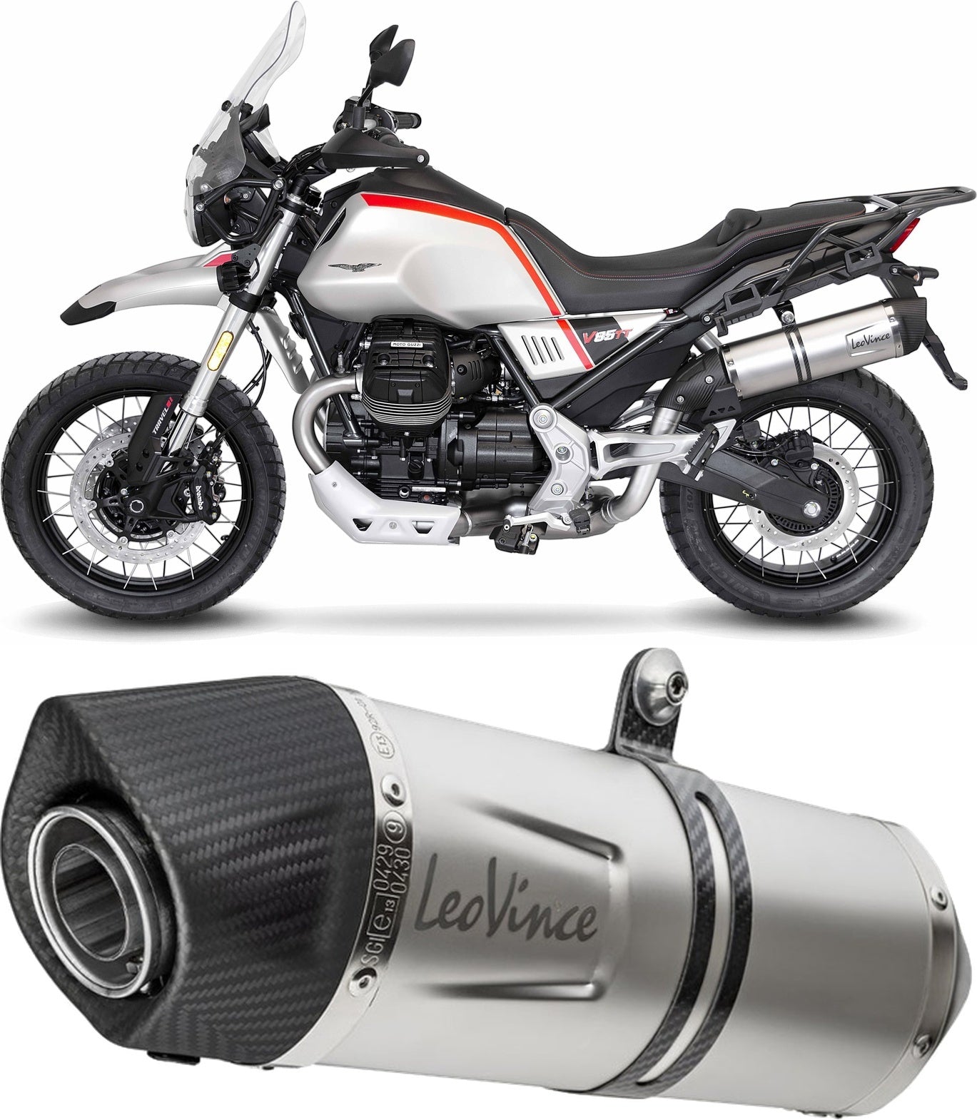 Exhaust Tip With Noise Certification Lv One Evo Stainless Steel Carbon Fiber End Cap - Leovince Compatible With Moto Guzzi V85 Tt (2019-2023)
