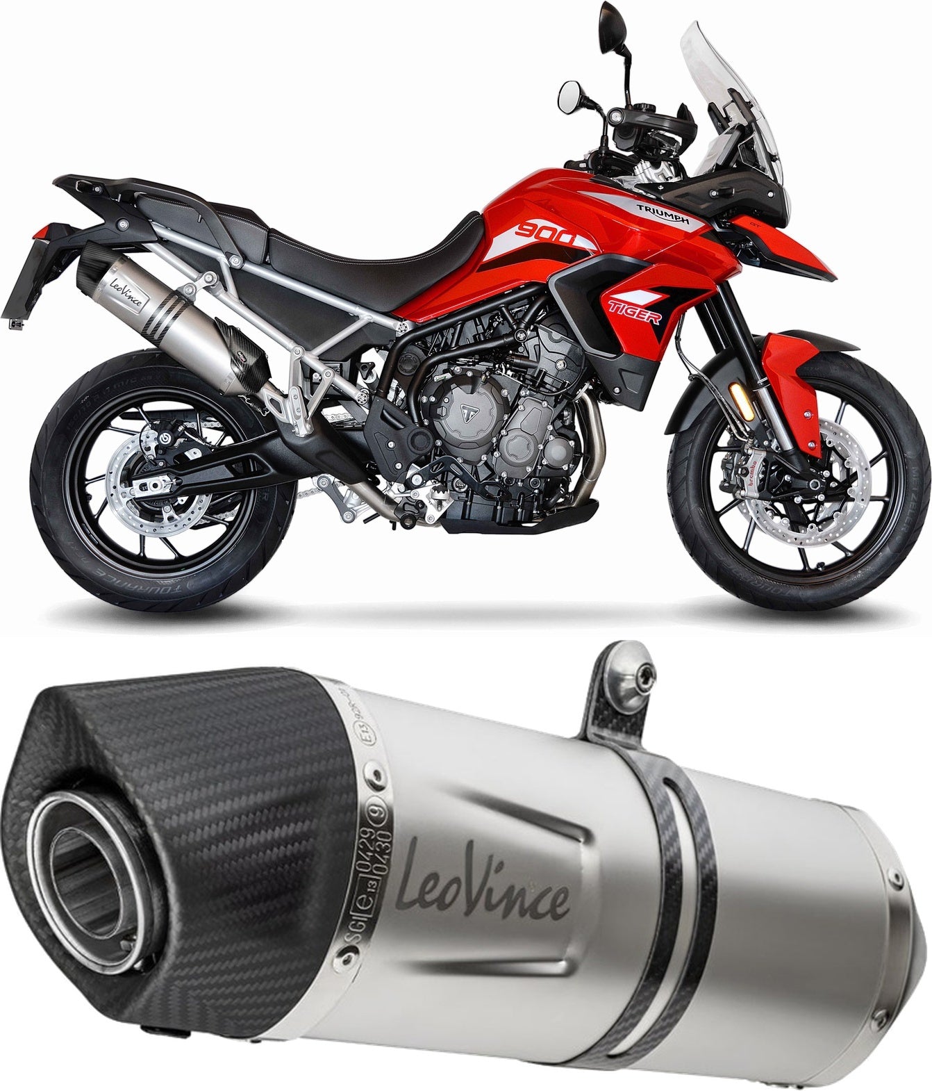 Exhaust Tip With Noise Certification Lv One Evo Stainless Steel Carbon Fiber End Cap - Leovince Compatible With Triumph Tiger 900 Gt - Pro (2020-2023)