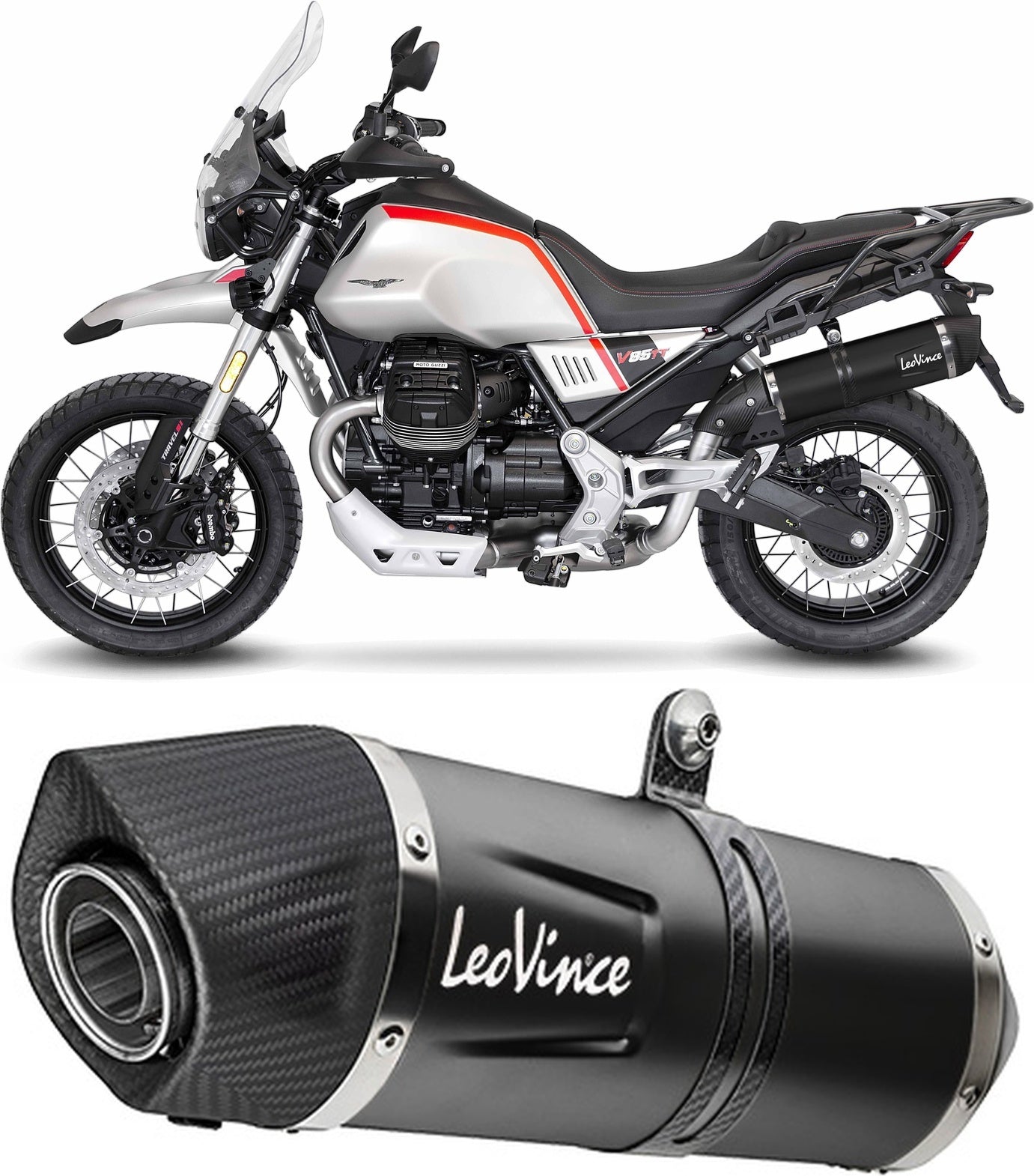 Exhaust Tip With Noise Certification Lv One Evo Steel Black Carbon Fiber End Cap - Leovince Compatible With Moto Guzzi V85 Tt (2019-2023)