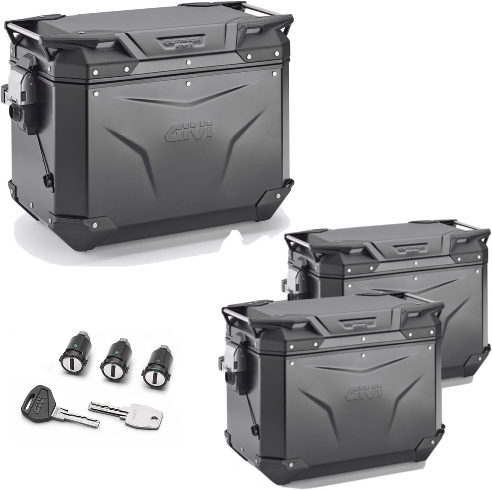 Trekker Outback Evo Smart Aluminium Black Top Case + Side Cases - 138 Lt Trekker Outback Evo Smart Aluminium - Givi Compatible With Triumph Tiger 660 Sport (2022-2024)