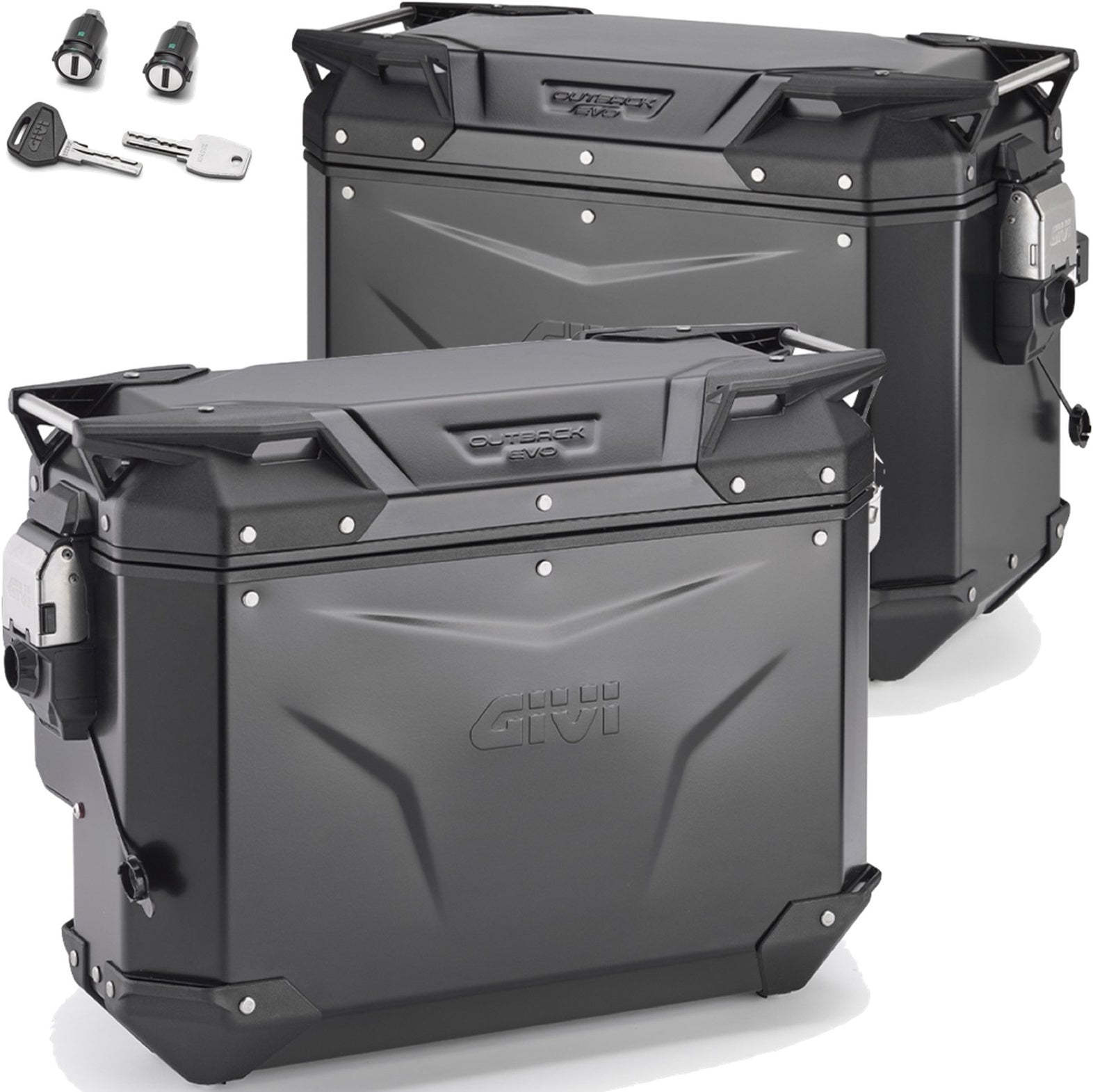 Monokey Cam-Side Trekker Outback Evo Smart Black Aluminium Side Cases + Locks - 77 Lt Trekker Outback Evo Smart Aluminium - Givi Compatible With Moto Guzzi V85 Tt (2019-2023)