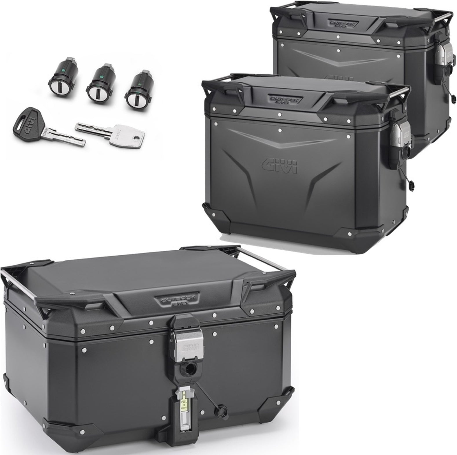 Trekker Outback Evo Smart Aluminium Black Top Case + Side Cases - 146 Lt Trekker Outback Evo Smart Aluminium - Givi Compatible With Triumph Tiger 660 Sport (2022-2024)