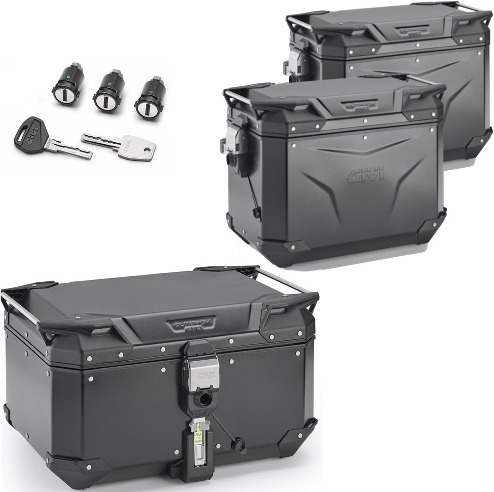 Trekker Outback Evo Smart Aluminium Black Top Case + Side Cases - 154 Lt Trekker Outback Evo Smart Aluminium - Givi Compatible With Triumph Tiger 660 Sport (2022-2024)