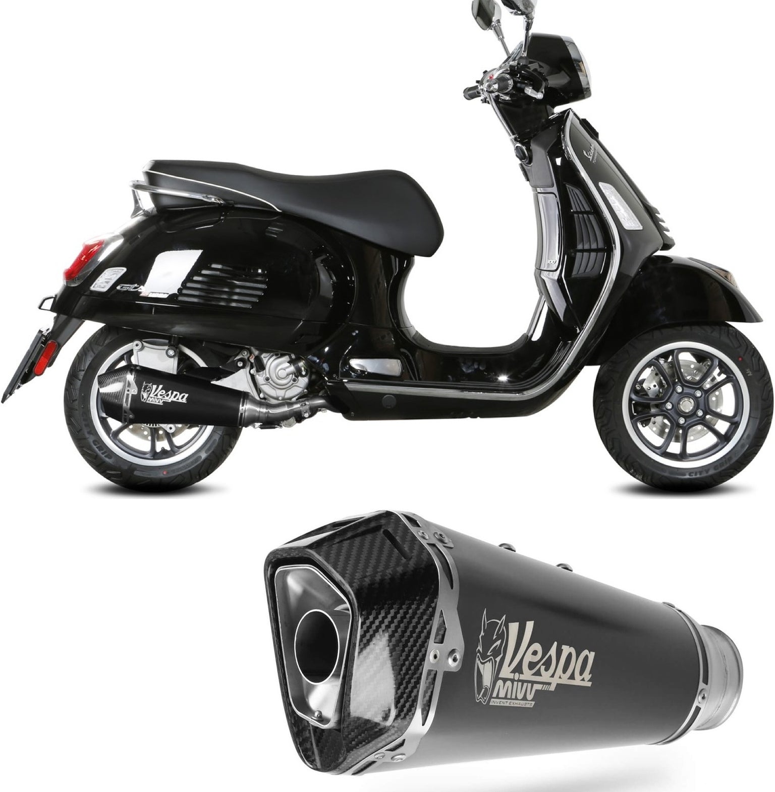 Catalytic Exhaust Tip With Sound Certification Delta Race Steel Black Carbon - Mivv Compatible With Piaggio Vespa Gtv 300 (2023-2024)